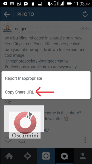 Selecting the Copy Share URL option on instagram