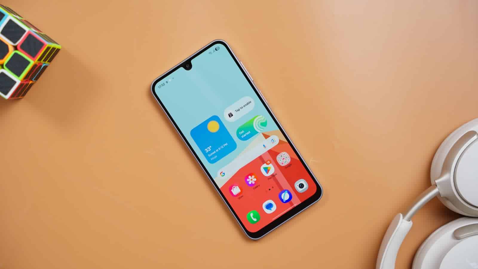 The Samsung Galaxy A17 lying on a table with its Super AMOLED screen on