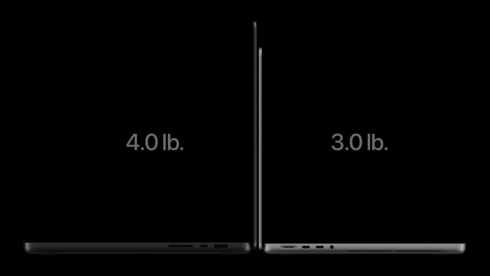 The 16-inch and 14-inch MacBook Pro with PROLED XDR Display side by side in profile, labelled 4.0 lb and 3.0 lb