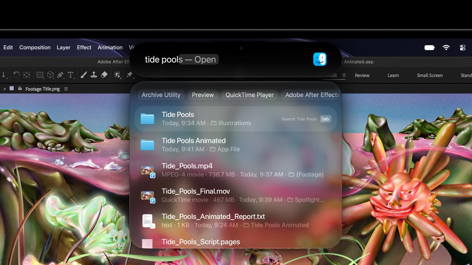 The Dynamic Island at the top of the MacBook Pro's screen, showing a Spotlight search over an open app